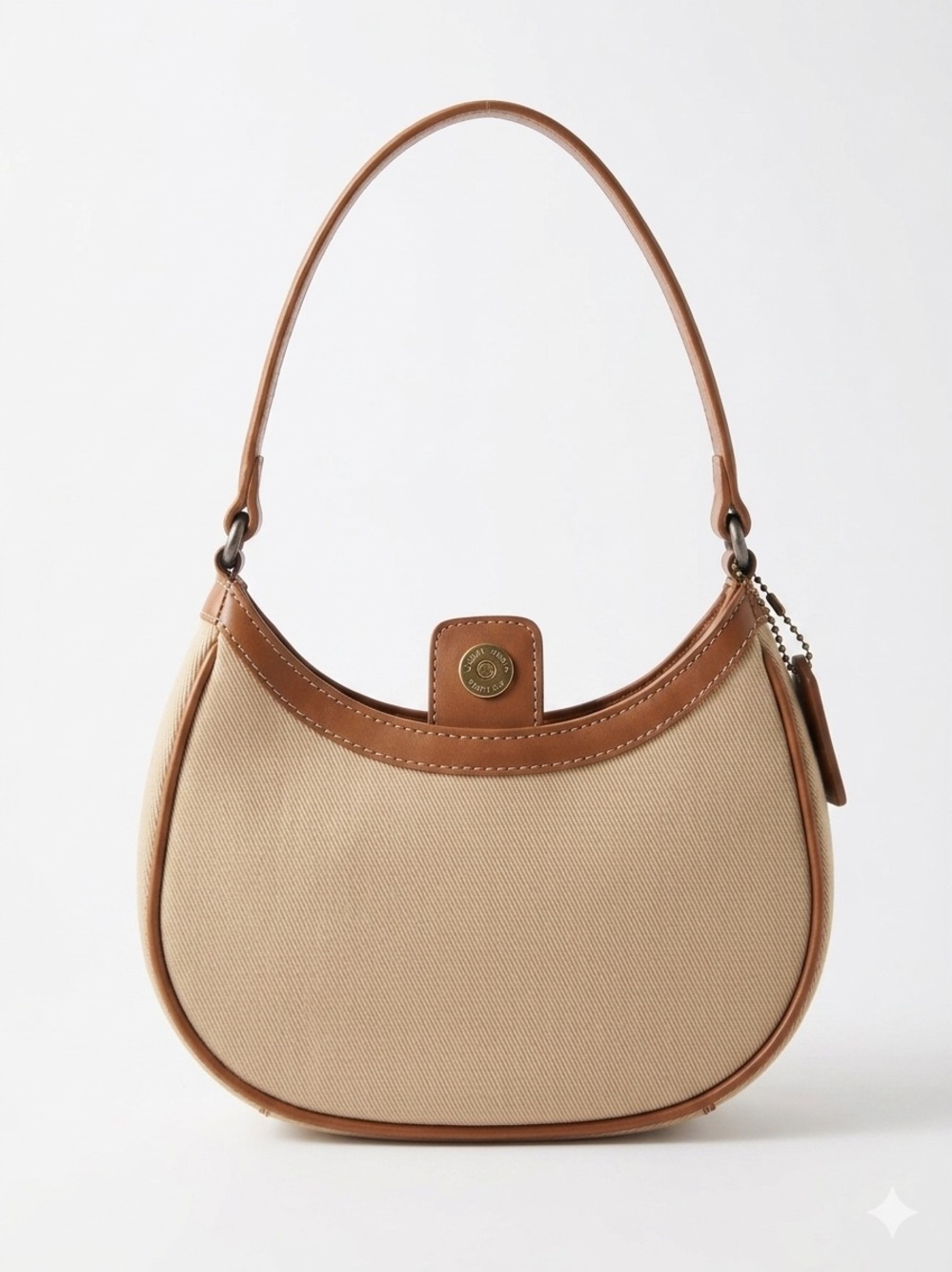 Fossil Canvas Leather Trim Shoulder Bag Beige Brown Hobo Baguette Purse